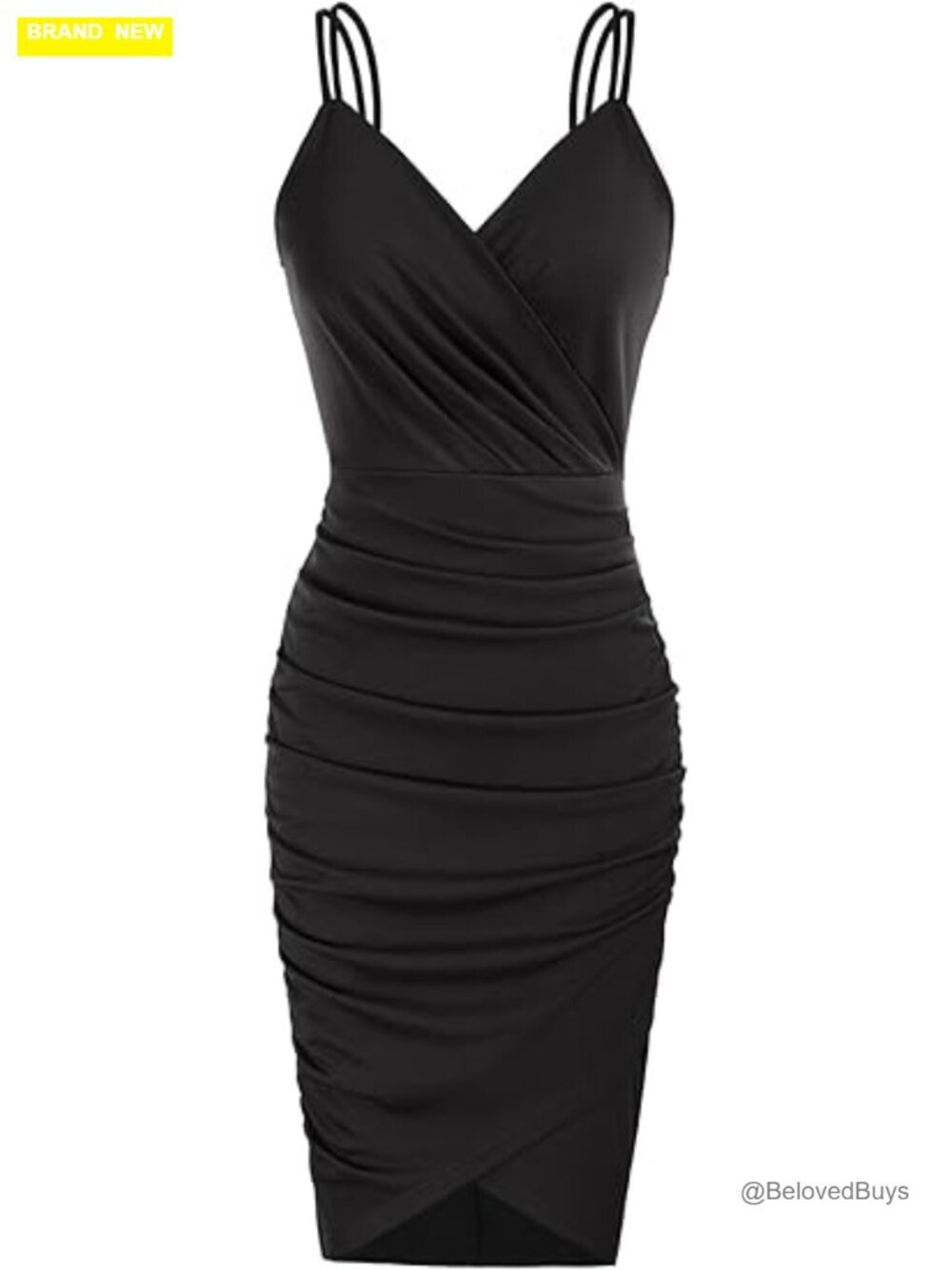 Sexy Spaghetti Strap Ruched V-Neck Bodycon Midi Dress for Wedding Guest